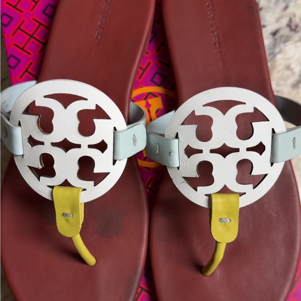 Tory Burch White and Blue Sandals with Medallion Logo